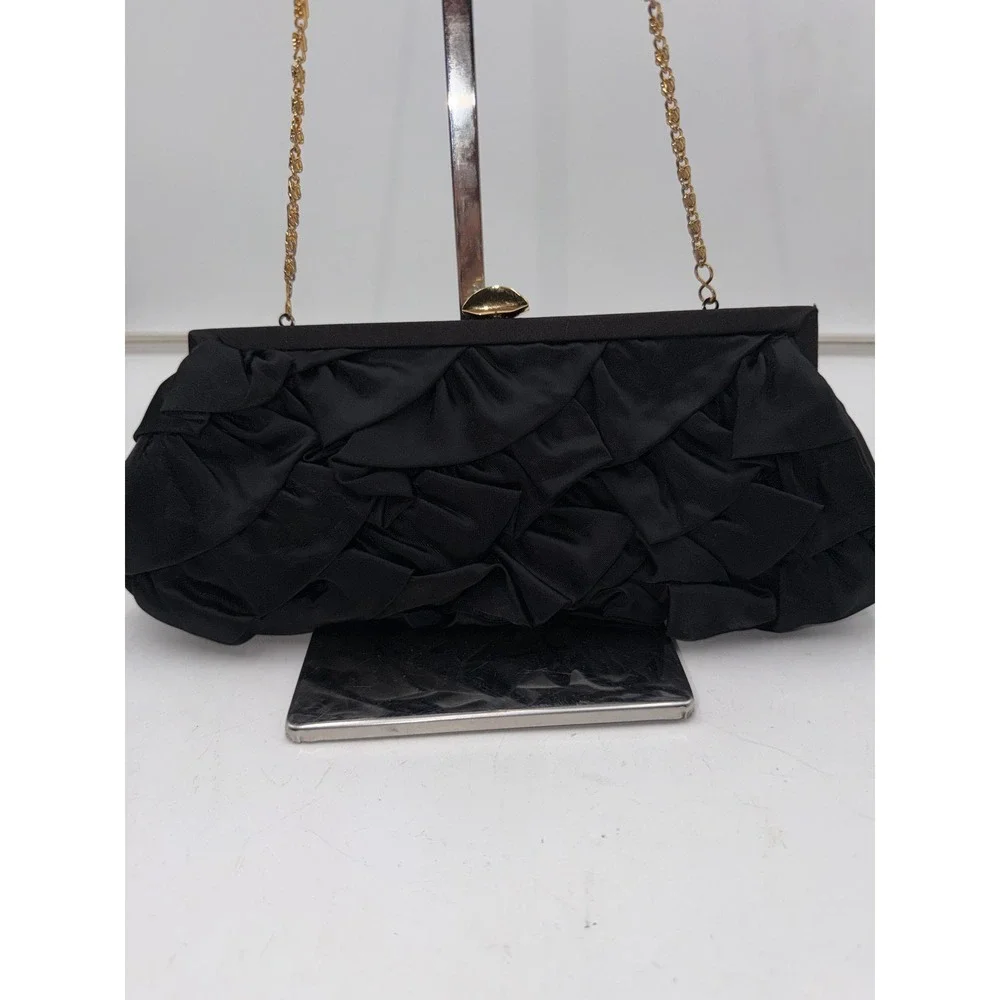 Lord & Taylor Black Satin Ruffle Evening Clutch Rhinestone Clasp Gold Chain Bag